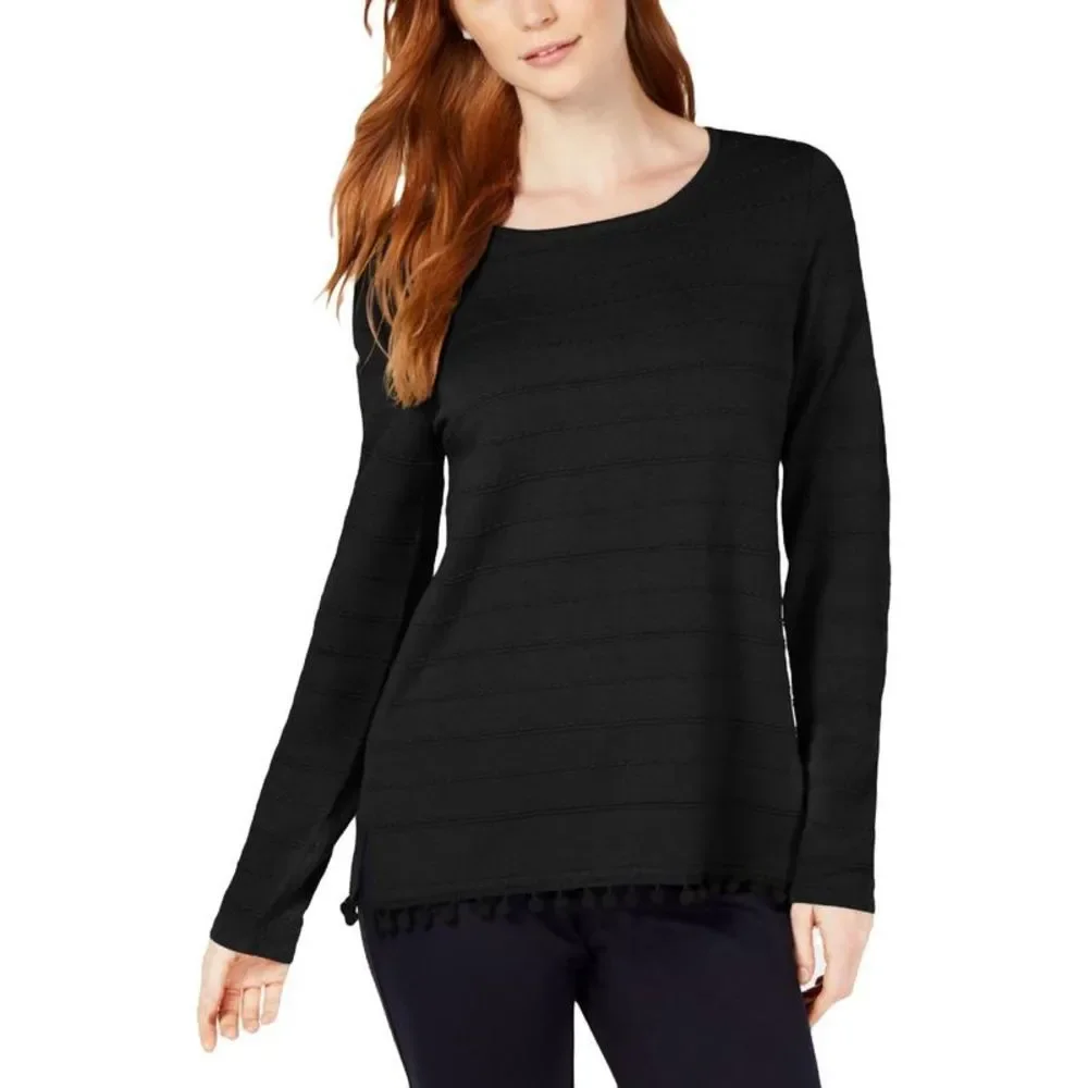 Charter Club Womens Black Pom Pom Trim Knit Shirt Pullover Sweater NWT